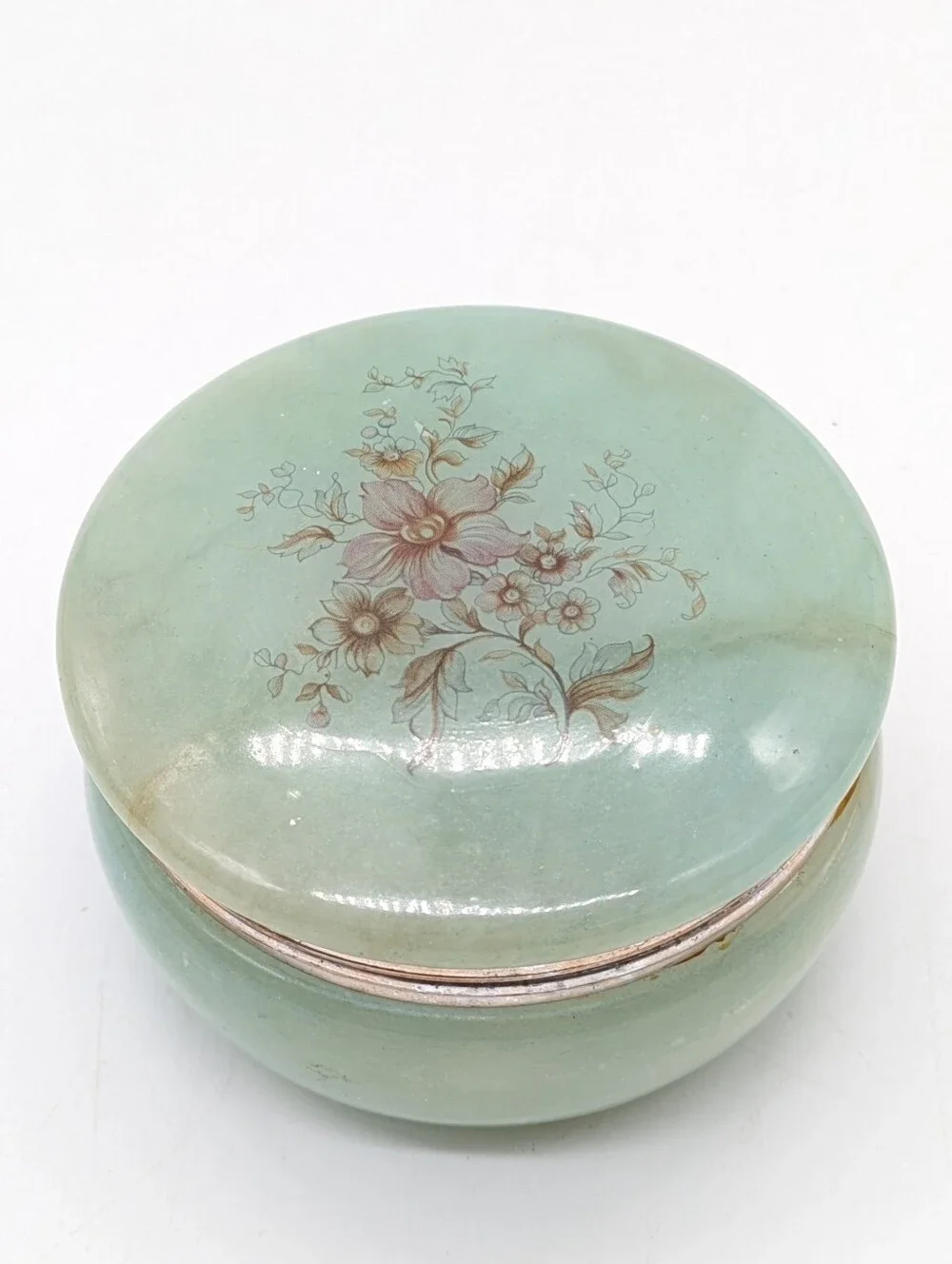 Vintage Green Floral Hand Carved Alabaster Hinged Trinket Dish
